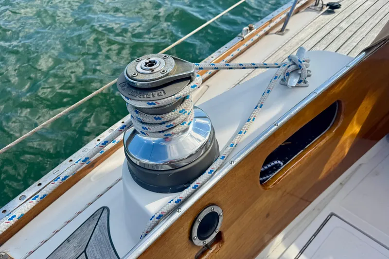 Fandango Yacht Photos Pics Winch and rope detail on 1982 Hinckley Bermuda 40 MK III sailboat deck.