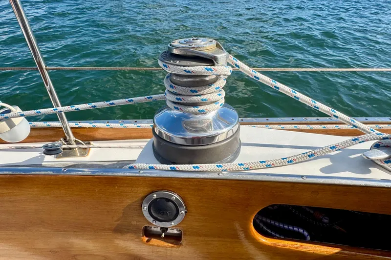 Fandango Yacht Photos Pics Winch and ropes on 1982 Hinckley Bermuda 40 MK III sailboat deck.
