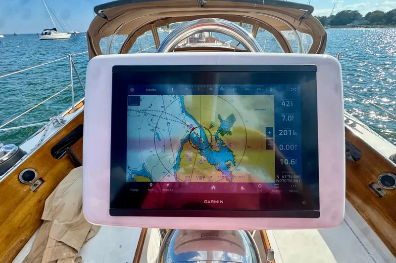 Fandango Yacht Photos Pics Garmin navigation display on 1982 Hinckley Bermuda 40 MK III sailboat, showing nautical chart.