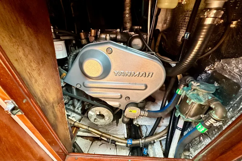 Fandango Yacht Photos Pics Engine compartment of 1982 Hinckley Bermuda 40 MK III with Yanmar engine.