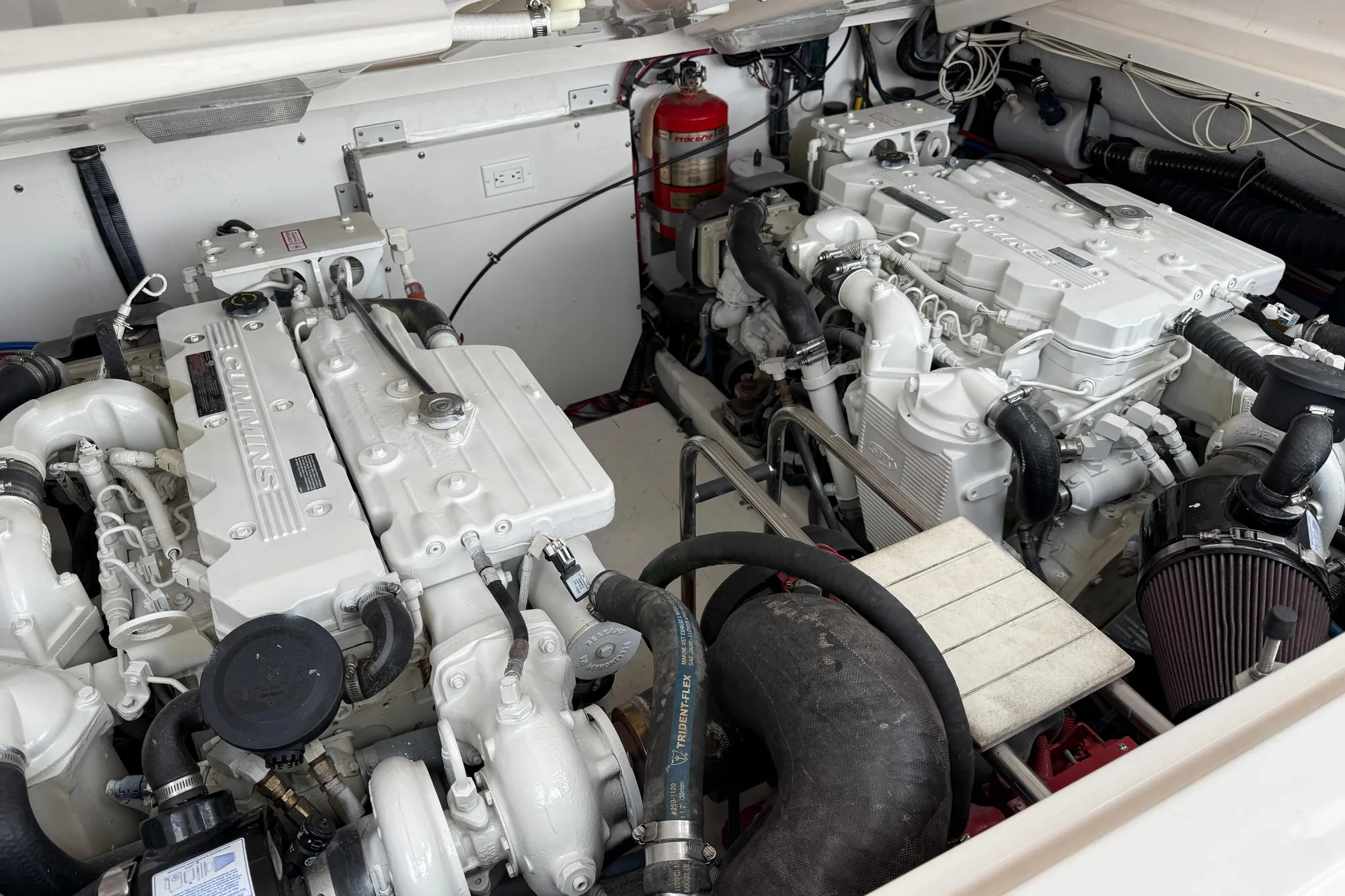 Engine room of a 2005 Tiara 3600 Open boat with twin Cummins engines.
