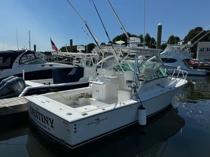 Destiny Yacht Photos Pics 2012 Albemarle 280 XF Express boat docked in marina, sunny day.