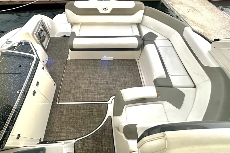 Favorite Mistake Yacht Photos Pics Luxurious seating area on a 2013 Monterey 400 Sport Yacht, featuring elegant upholstery.