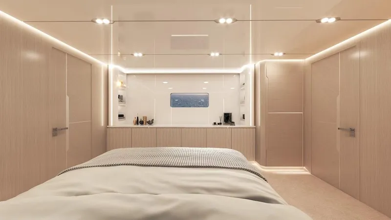 Diamond Yachts Ef66 Yacht Photos Pics Luxurious interior of 2025 Catamaran Diamond Yachts EF66, featuring modern bedroom design.