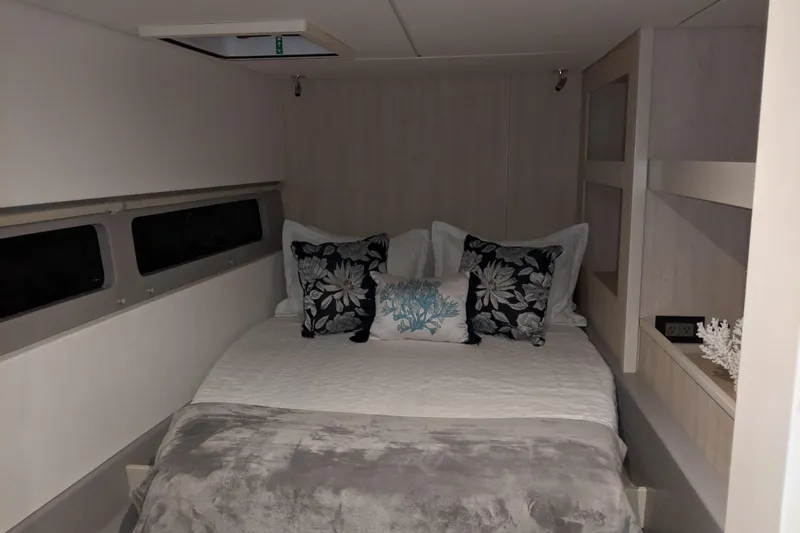 La Grande Bellezza Yacht Photos Pics Cozy bedroom in 2019 Leopard 58 yacht with elegant bedding and modern design.