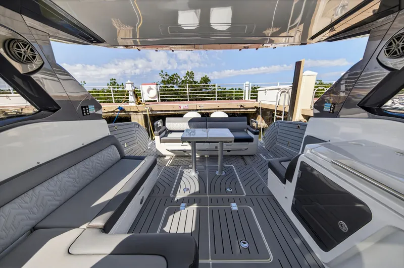 Penny's Escape Yacht Photos Pics 2024 Galeon 375 GTO luxury yacht interior with seating area.