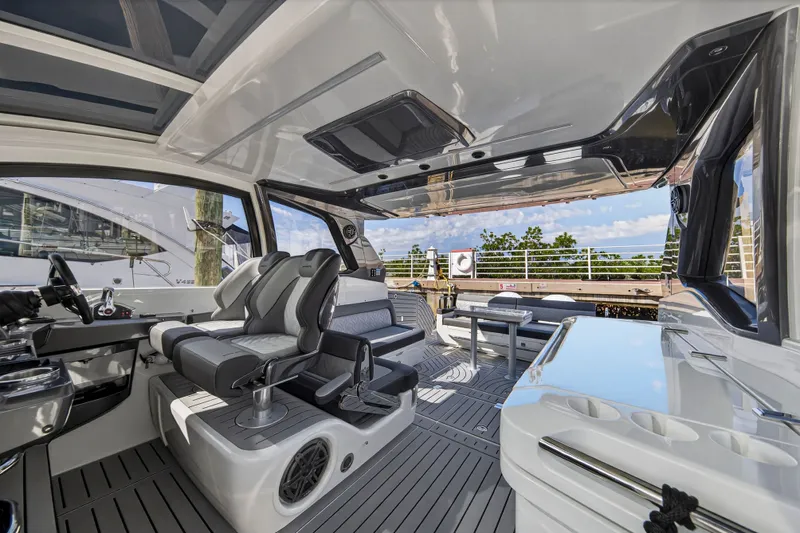 Penny's Escape Yacht Photos Pics 2024 Galeon 375 GTO luxury yacht interior with modern seating.