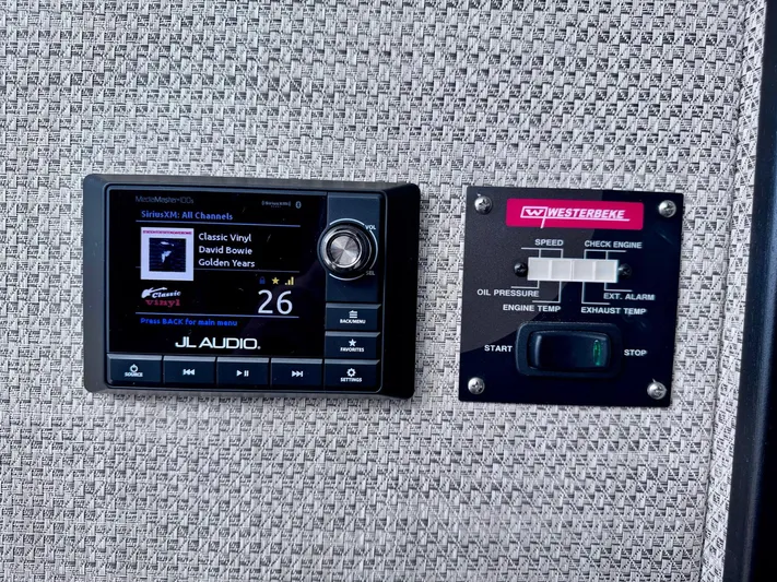 Seanior Moment Yacht Photos Pics JL Audio and Westerbeke control panels on 2022 Stamas 370 Aegean boat.