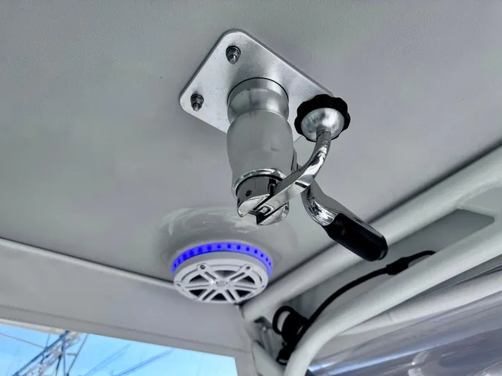 Seanior Moment Yacht Photos Pics Ceiling-mounted lever and speaker on 2022 Stamas 370 Aegean boat.