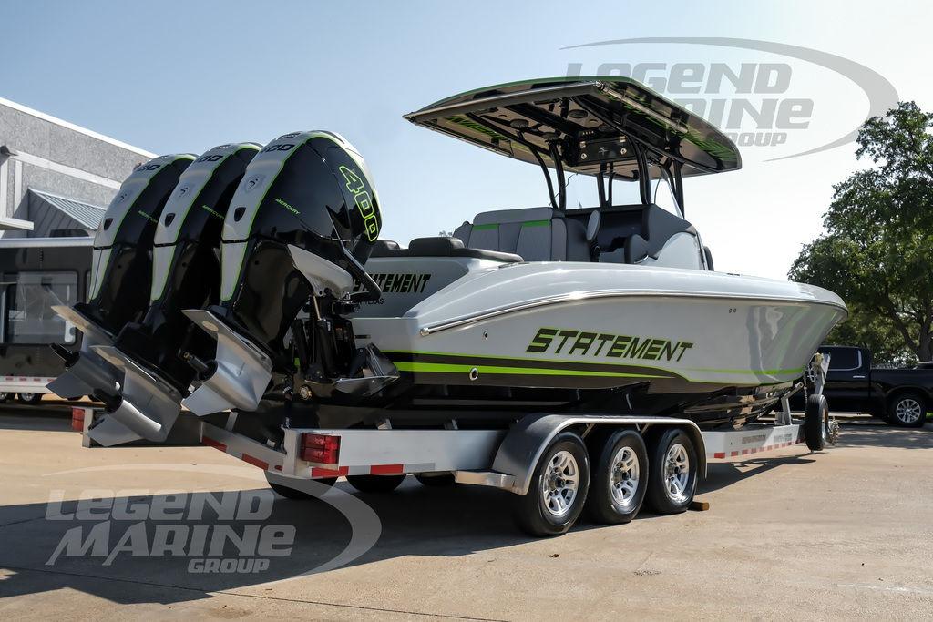 2024 Statement 350 Open boat with triple 400 horsepower engines on a trailer.