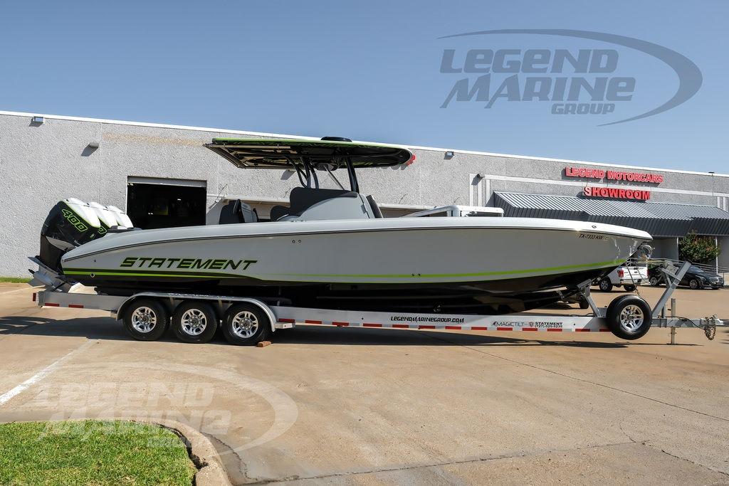 2024 Statement 350 Open boat on trailer outside Legend Marine Group showroom.