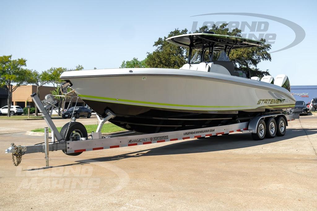 2024 Statement 350 Open boat on trailer, parked outdoors, showcasing sleek design and modern features.