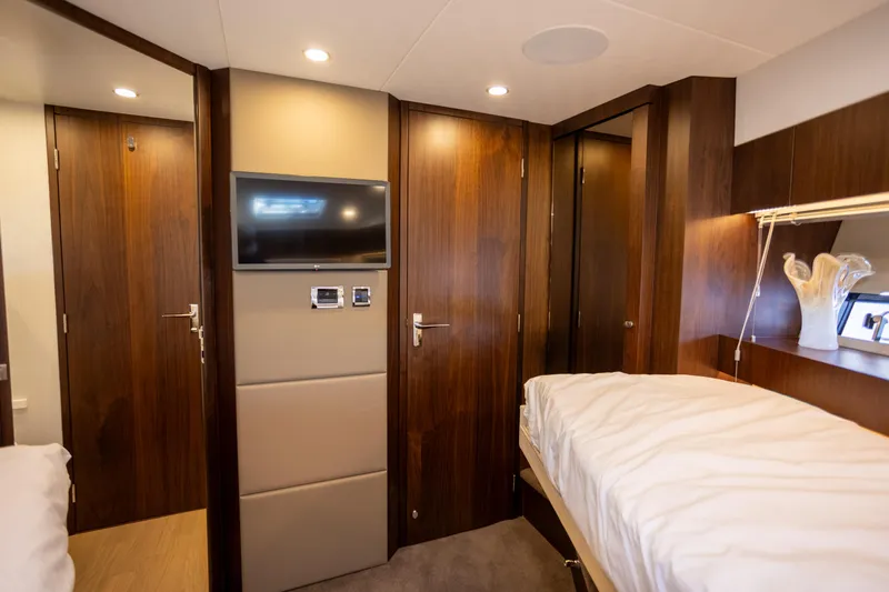 50 Fairline Yacht Photos Pics Luxurious cabin interior of 2025 Fairline Squadron 50 yacht with modern amenities.
