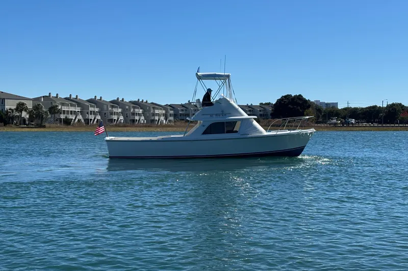 Bandit Yacht Photos Pics 1970 Bertram 31 Flybridge Cruiser on calm water, with buildings in the background.