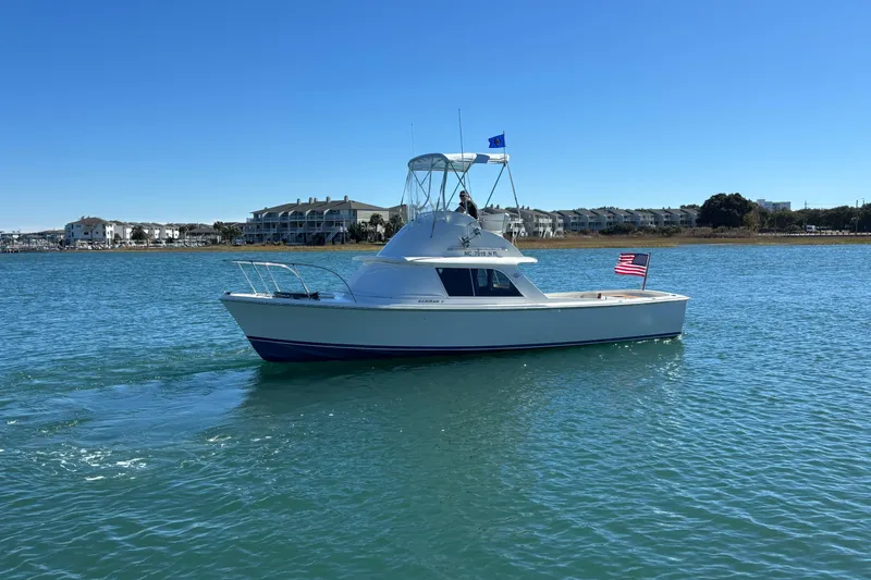 Bandit Yacht Photos Pics 1970 Bertram 31 Flybridge Cruiser on calm water, American flag waving.