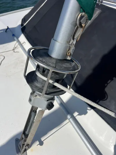 Taco Truck Yacht Photos Pics Close-up of a 1996 Prout 45 sailboat's rigging and deck details.