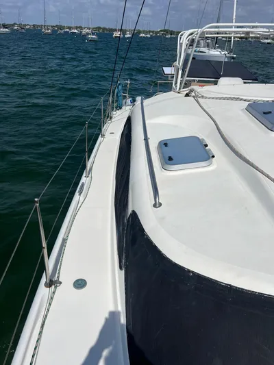 Taco Truck Yacht Photos Pics 1996 Prout 45 sailboat deck with ocean view and clear sky.