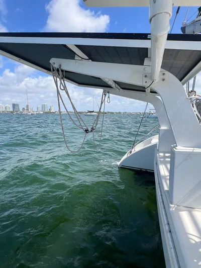 Taco Truck Yacht Photos Pics Sailing on a 1996 Prout 45 catamaran with city skyline in the background.