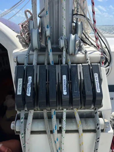 Taco Truck Yacht Photos Pics Sailing ropes and cleats on a 1996 Prout 45 catamaran deck.