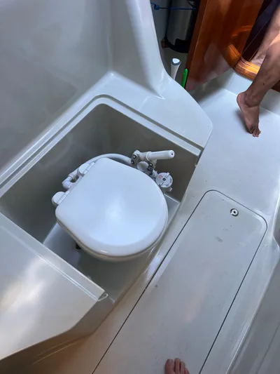 Taco Truck Yacht Photos Pics Boat bathroom with compact toilet on a 1996 Prout 45 catamaran.