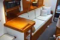 Luxurious Von Ahlen 403 yacht interior, featuring elegant wood finishes and comfortable seating, 2014 model.