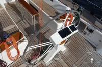 Steering wheel and deck of 2014 Von Ahlen 403 yacht with navigation equipment.