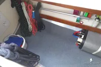 Storage area in a 2014 Von Ahlen 403 yacht with ropes and equipment.