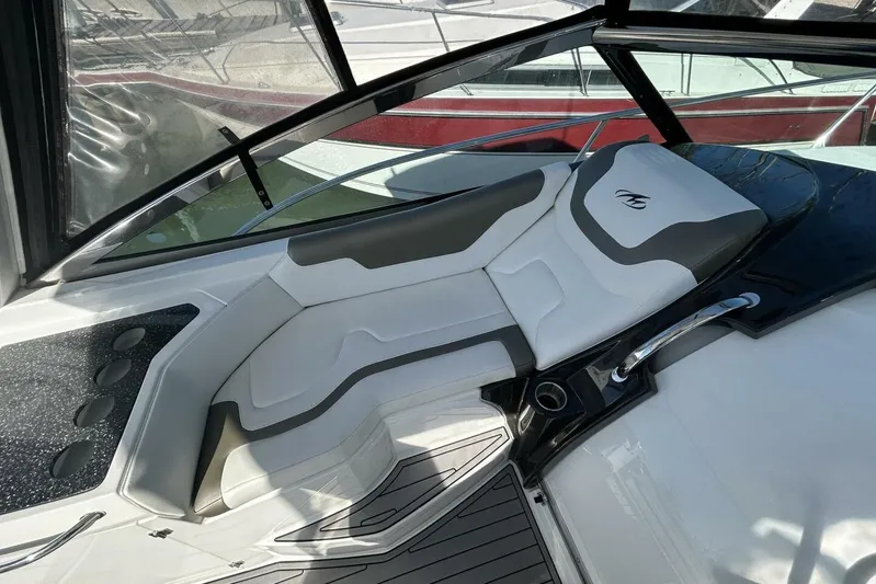  Yacht Photos Pics Luxurious seating on 2015 Monterey 355 Sport Yacht, featuring sleek design and comfortable upholstery.