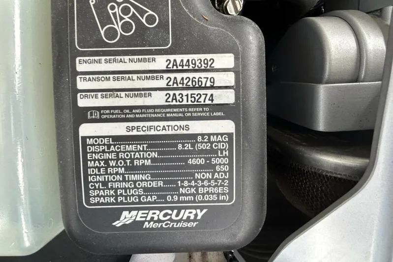  Yacht Photos Pics Engine specifications label on a 2015 Monterey 355 Sport Yacht, featuring serial numbers and technical details.