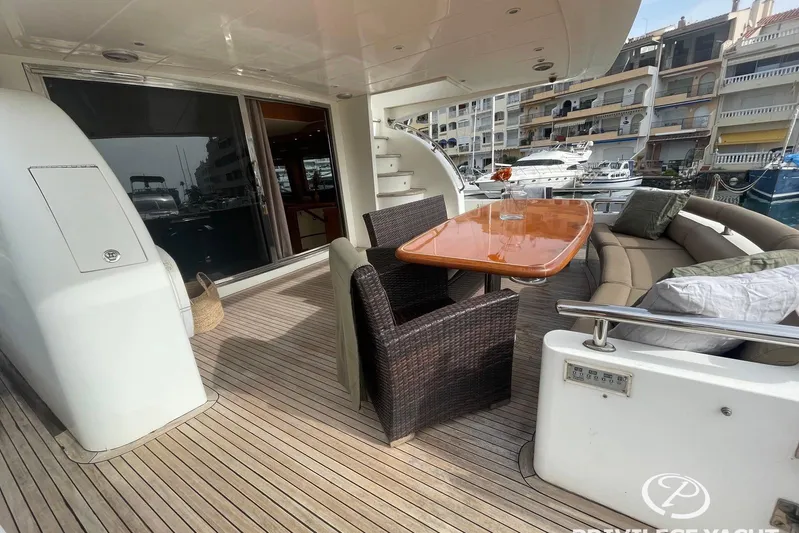  Yacht Photos Pics Luxurious 2006 Monte Fino 76 yacht deck with elegant seating and dining area.