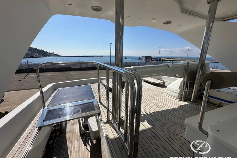  Yacht Photos Pics Luxury Monte Fino 76 yacht deck, 2006 model, overlooking serene waterfront.