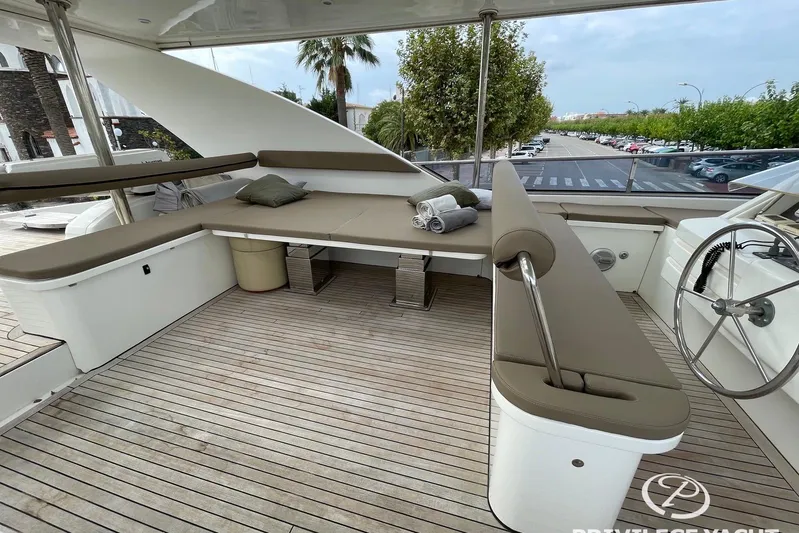  Yacht Photos Pics Luxurious Monte Fino 76 yacht deck, 2006 model, featuring elegant seating and steering wheel.
