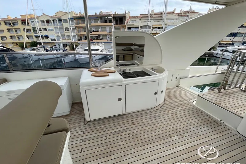  Yacht Photos Pics Luxury Monte Fino 76 yacht deck with outdoor kitchen, 2006 model, docked in marina.