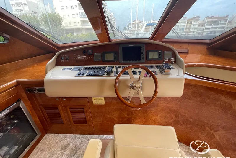  Yacht Photos Pics Luxurious 2006 Monte Fino 76 yacht helm with wood finish and modern controls.