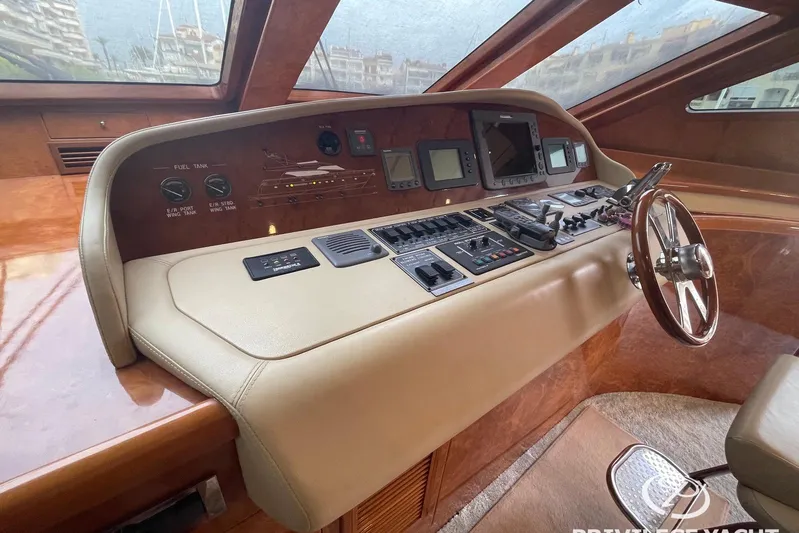  Yacht Photos Pics 2006 Monte Fino 76 yacht helm with navigation controls and steering wheel.