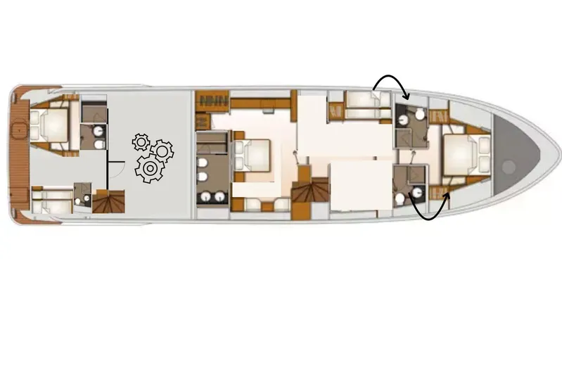 Yacht Photos Pics Floor plan of a 2006 Monte Fino 76 yacht, showcasing cabin and bathroom layout.