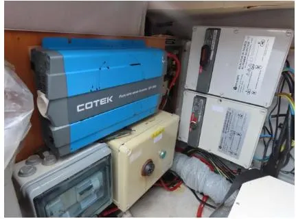 Jema II Yacht Photos Pics Electrical components inside a 2017 Lagoon 52 F yacht, featuring a Cotek inverter.