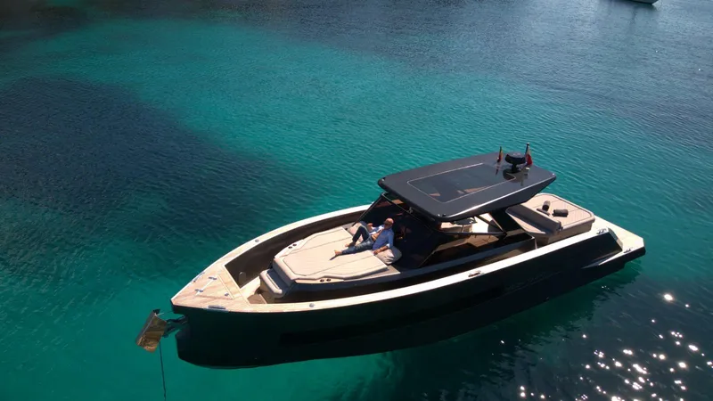 New 2025 Moon 45 Sports Line Yacht Photos Pics Luxury Moon 45 Sportsline yacht, 2025 model, floating on clear turquoise water.