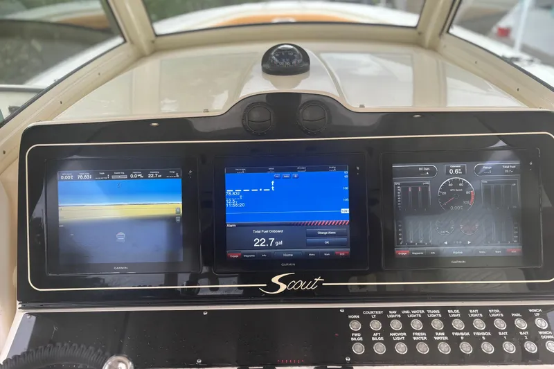  Yacht Photos Pics Dashboard of a 2014 Scout 350 LXF boat with Garmin displays.