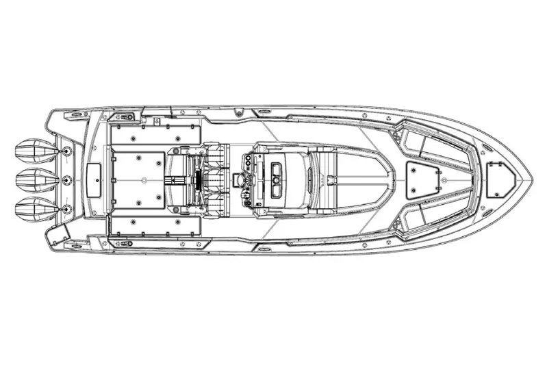 Ghost Rider Yacht Photos Pics Manufacturer Provided Image: Top view schematic of 2024 Boston Whaler 360 Outrage boat model.