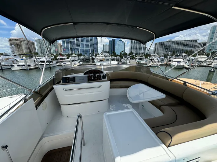 4 Aces Yacht Photos Pics Flybridge of 2001 Viking Princess 45 yacht with marina and city skyline in background.