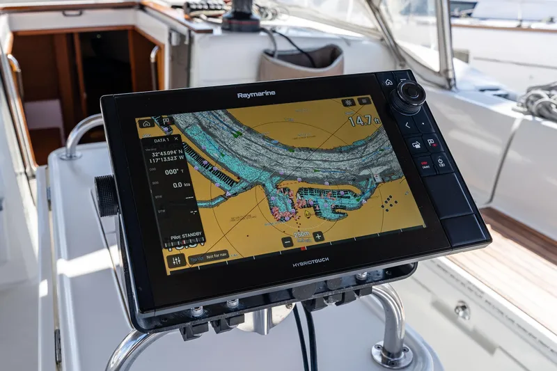 Victory Yacht Photos Pics Raymarine navigation system on 2018 Jeanneau Sun Odyssey 479 sailboat cockpit.