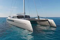 Luxury Black Pepper Code C69 catamaran sailing on open sea, 2027 model.