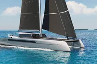 Sleek Black Pepper Code C69 catamaran sailing on blue ocean, 2027 model.