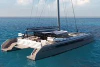 Luxurious 2027 Black Pepper Code C69 catamaran sailing on clear blue ocean waters.