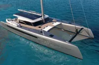 Modern Black Pepper Code C69 catamaran sailing on clear blue water, 2027 model.