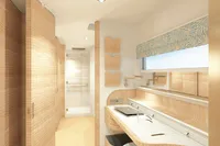 Luxurious yacht interior with modern design, featuring a sleek workspace and elegant wood finishes, 2027 model.