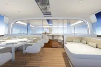 Luxurious yacht interior with elegant dining area and modern seating, Black Pepper Code C69, 2027.