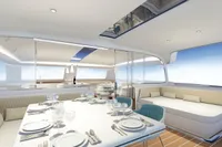 Luxurious yacht interior with elegant dining setup, modern design, and panoramic ocean views. Black Pepper Code C69, 2027.