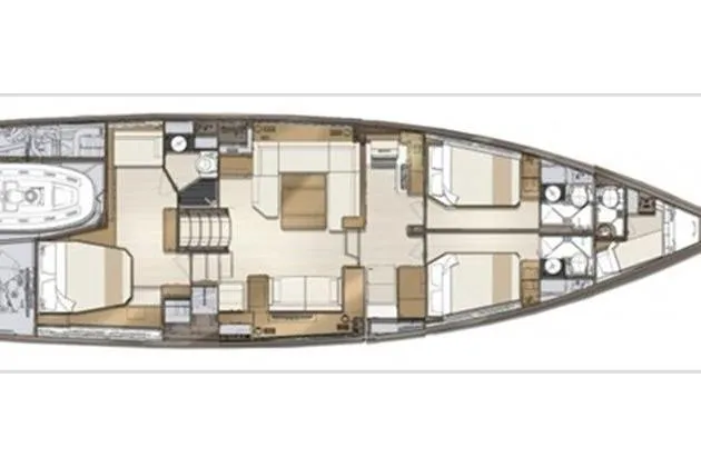  Yacht Photos Pics Floor plan of a 2021 Jeanneau 60 yacht, showcasing interior layout and cabin arrangement.
